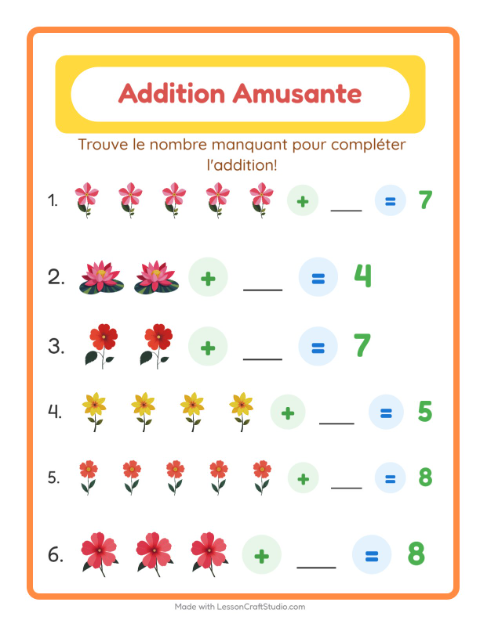 Aperçu de la fiche Addition avec Fleurs pour École maternelle (grande section, 5-7 ans)