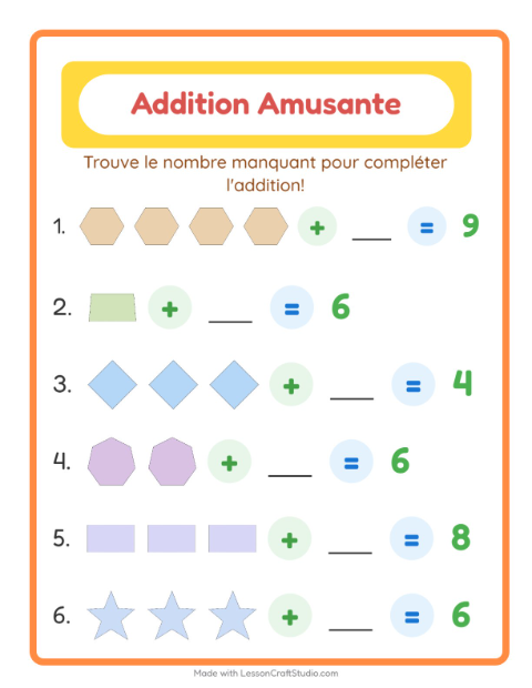 Aperçu de la fiche Addition avec Formes pour École maternelle (grande section, 5-7 ans)