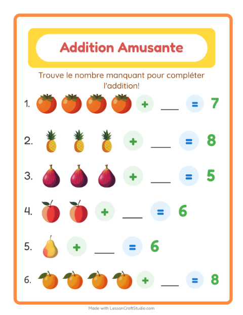 Aperçu de la fiche Addition avec Fruits pour École maternelle (grande section, 5-7 ans)