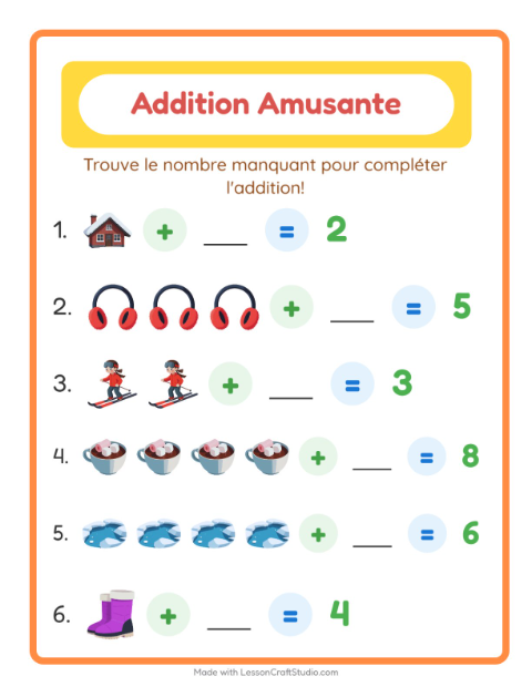 Aperçu de la fiche Addition avec Hiver pour École maternelle (grande section, 5-7 ans)