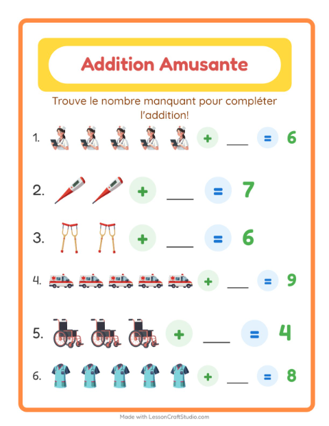 Aperçu de la fiche Addition avec Hôpital pour École maternelle (grande section, 5-7 ans)