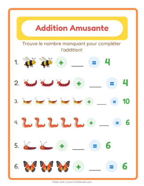 Aperçu de la fiche Addition avec Insectes et bestioles pour École maternelle (grande section, 5-7 ans)