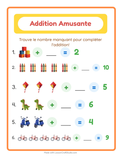 Aperçu de la fiche Addition avec Jouets pour École maternelle (grande section, 5-7 ans)