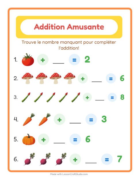 Aperçu de la fiche Addition avec Légumes pour École maternelle (grande section, 5-7 ans)