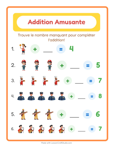 Aperçu de la fiche Addition avec Métiers pour École maternelle (grande section, 5-7 ans)