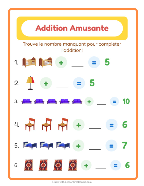 Aperçu de la fiche Addition avec Meubles pour École maternelle (grande section, 5-7 ans)