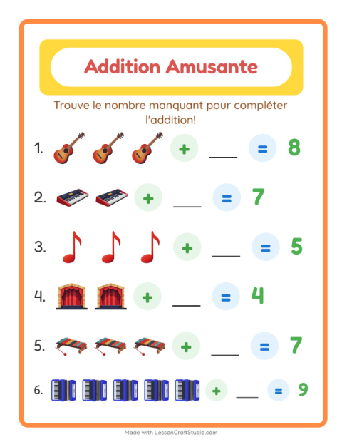 Aperçu de la fiche Addition avec Musique pour École maternelle (grande section, 5-7 ans)