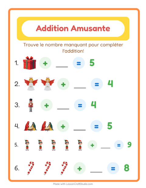 Aperçu de la fiche Addition avec Noël pour École maternelle (grande section, 5-7 ans)