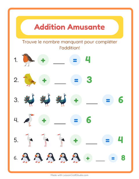 Aperçu de la fiche Addition avec Oiseaux 2 pour École maternelle (grande section, 5-7 ans)