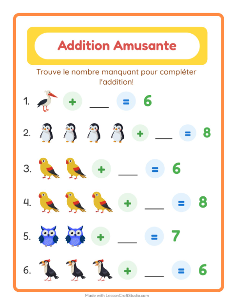 Aperçu de la fiche Addition avec Oiseaux pour École maternelle (grande section, 5-7 ans)