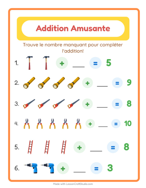Aperçu de la fiche Addition avec Outils pour École maternelle (grande section, 5-7 ans)