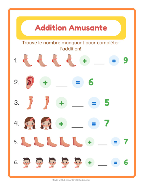 Aperçu de la fiche Addition avec Parties du corps pour École maternelle (grande section, 5-7 ans)