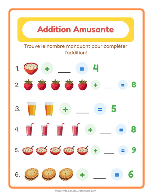 Aperçu de la fiche Addition avec Petit-déjeuner pour École maternelle (grande section, 5-7 ans)