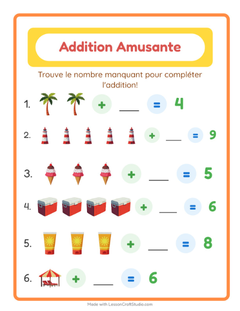 Aperçu de la fiche Addition avec Plage pour École maternelle (grande section, 5-7 ans)