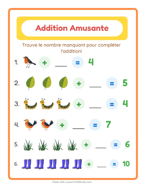 Aperçu de la fiche Addition avec Printemps pour École maternelle (grande section, 5-7 ans)