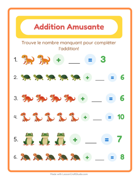 Aperçu de la fiche Addition avec Reptiles et amphibiens pour École maternelle (grande section, 5-7 ans)