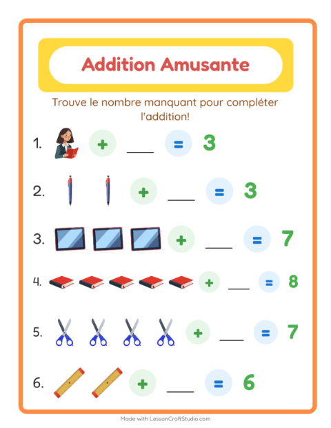 Aperçu de la fiche Addition avec Salle de classe pour École maternelle (grande section, 5-7 ans)