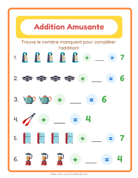 Aperçu de la fiche Addition avec Ustensiles de cuisine pour École maternelle (grande section, 5-7 ans)