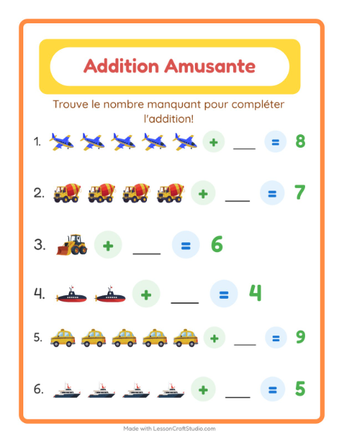 Aperçu de la fiche Addition avec Véhicules pour École maternelle (grande section, 5-7 ans)