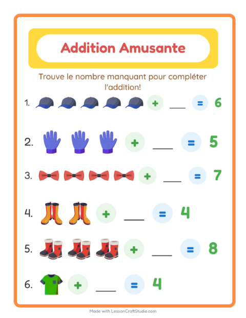 Aperçu de la fiche Addition avec Vêtements pour École maternelle (grande section, 5-7 ans)