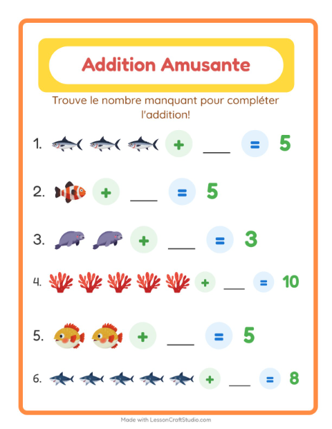 Aperçu de la fiche Addition avec Vie océanique pour École maternelle (grande section, 5-7 ans)