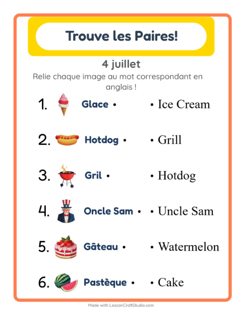 Aperçu : Apprendre l’anglais : 4 juillet – associer images et mots pour enfants