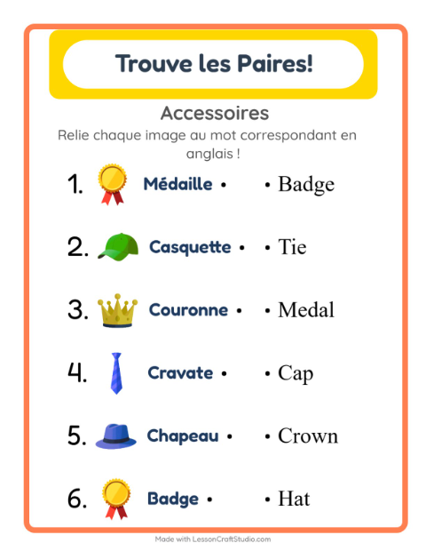 Associer images et mots en anglais – Accessoires