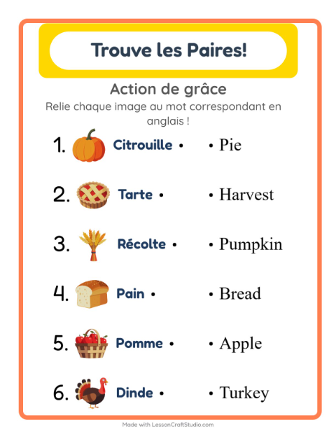 Aperçu : Apprendre l’anglais : Action de grâce – associer images et mots pour enfants