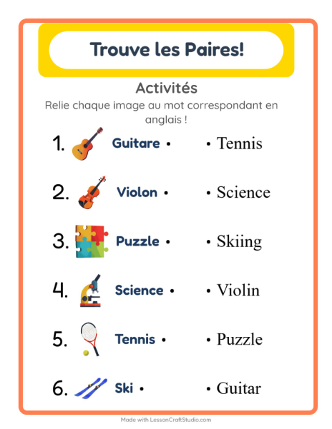 Associer images et mots en anglais – Activités