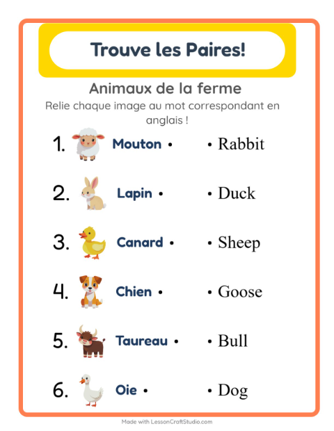 Associer images et mots en anglais – Animaux de la ferme