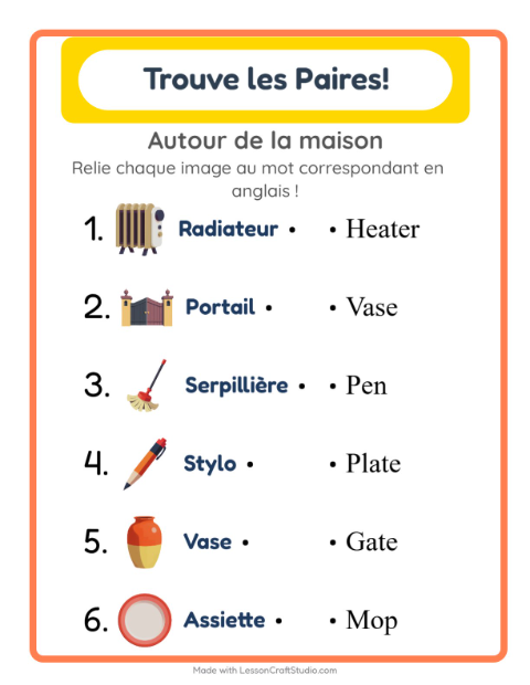 Associer images et mots en anglais – Autour de la maison