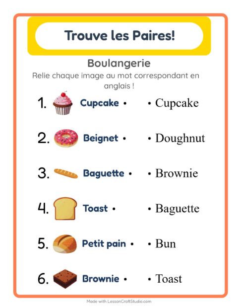 Associer images et mots en anglais – Boulangerie