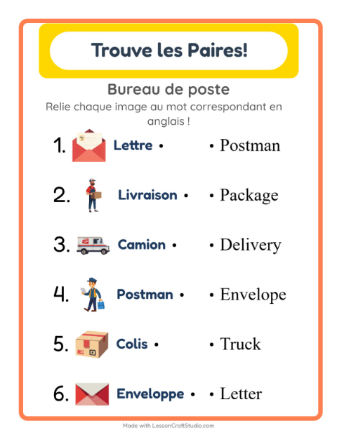 Aperçu : Apprendre l’anglais : Bureau de poste – associer images et mots pour enfants
