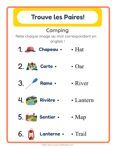 Aperçu : Apprendre l’anglais : Camping – associer images et mots pour enfants