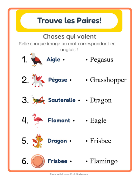 Associer images et mots en anglais – Choses qui volent