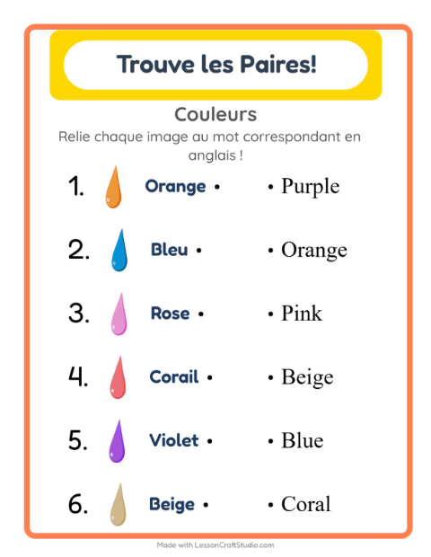 Associer images et mots en anglais – Couleurs