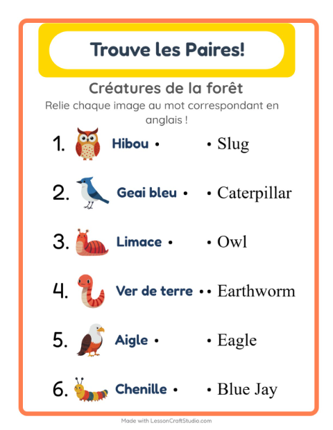Associer images et mots en anglais – Créatures de la forêt
