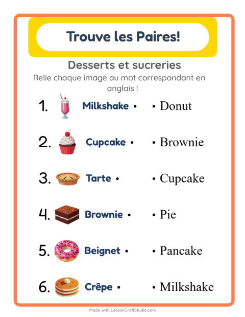 Associer images et mots en anglais – Desserts et sucreries