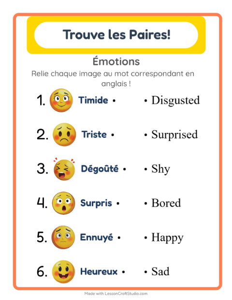 Aperçu : Apprendre l’anglais : Émotions – associer images et mots pour enfants