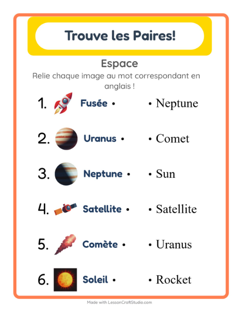 Aperçu : Apprendre l’anglais : Espace – associer images et mots pour enfants