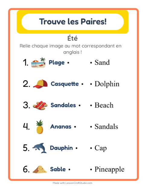 Associer images et mots en anglais – Été