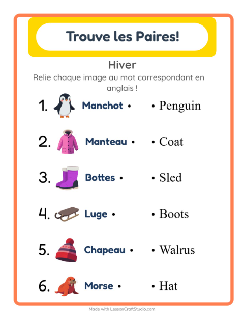 Associer images et mots en anglais – Hiver