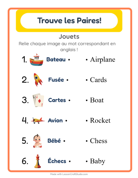 Associer images et mots en anglais – Jouets