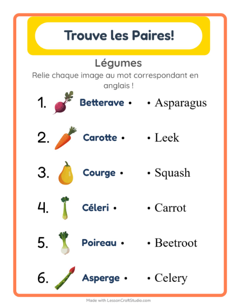 Aperçu : Apprendre l’anglais : Légumes – associer images et mots pour enfants