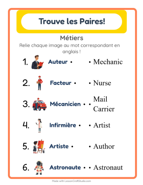 Aperçu : Apprendre l’anglais : Métiers – associer images et mots pour enfants