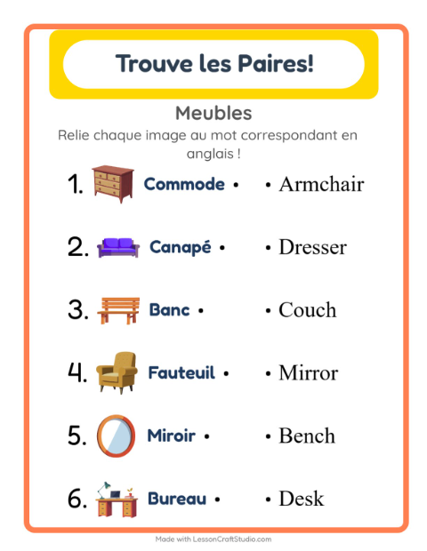 Associer images et mots en anglais – Meubles