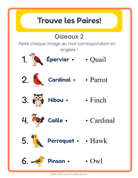 Associer images et mots en anglais – Oiseaux 2