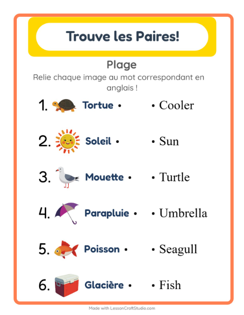 Associer images et mots en anglais – Plage