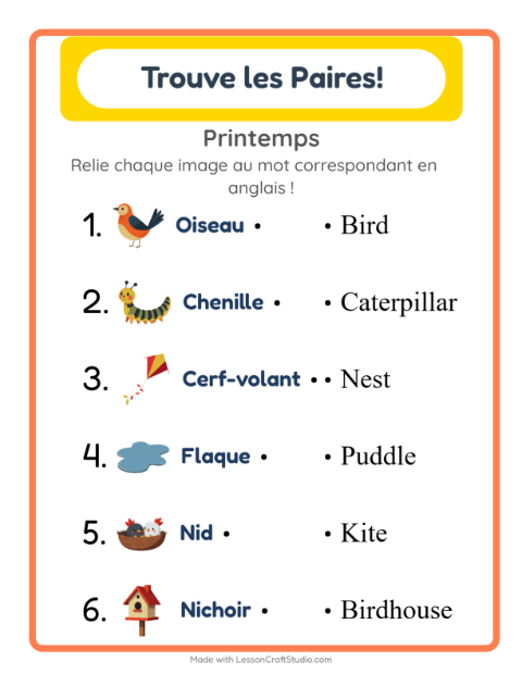 Associer images et mots en anglais – Printemps