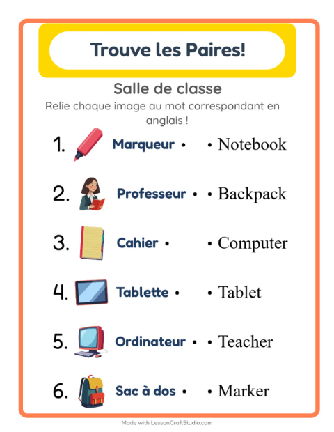 Associer images et mots en anglais – Salle de classe
